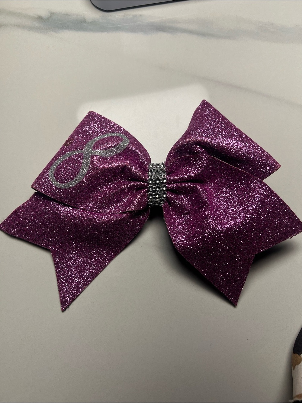 Glitter Hair Bow with Rhinestone Center - Purple Cheerleading Infinity